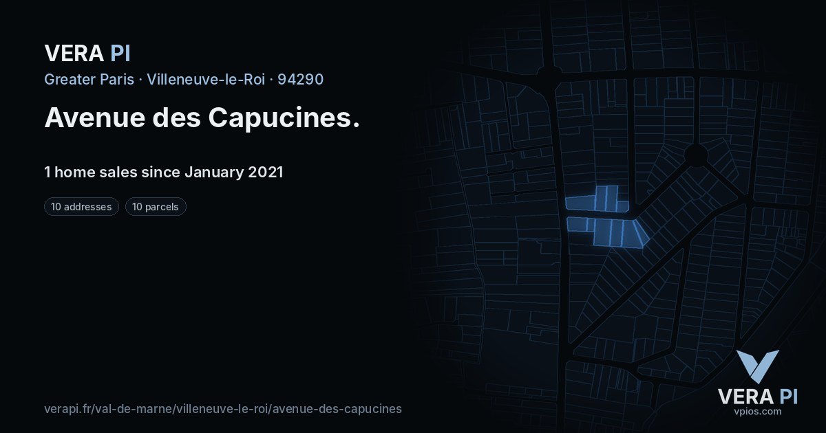 Avenue des Capucines, Villeneuve-le-Roi at night – every parcel coloured by the prices around it, the street's own parcels lit