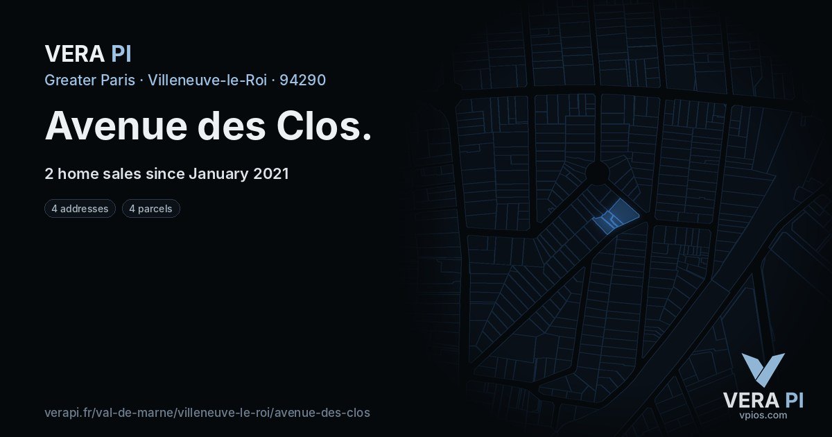 Avenue des Clos, Villeneuve-le-Roi at night – every parcel coloured by the prices around it, the street's own parcels lit