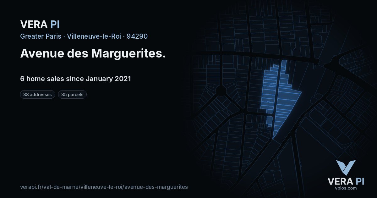 Avenue des Marguerites, Villeneuve-le-Roi at night – every parcel coloured by the prices around it, the street's own parcels lit