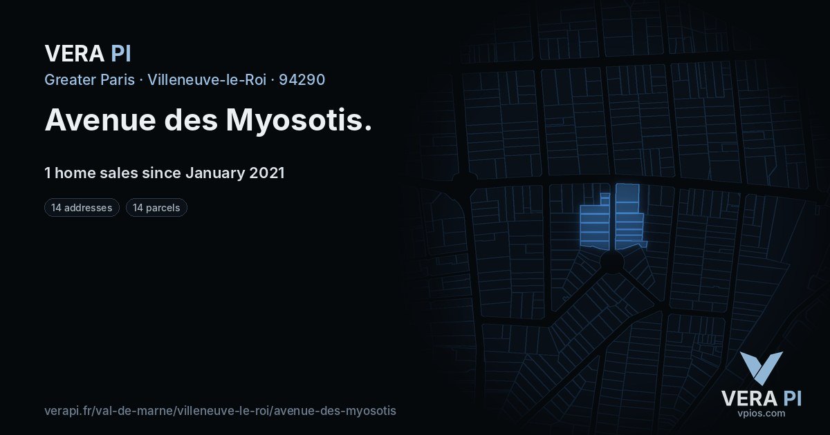 Avenue des Myosotis, Villeneuve-le-Roi at night – every parcel coloured by the prices around it, the street's own parcels lit
