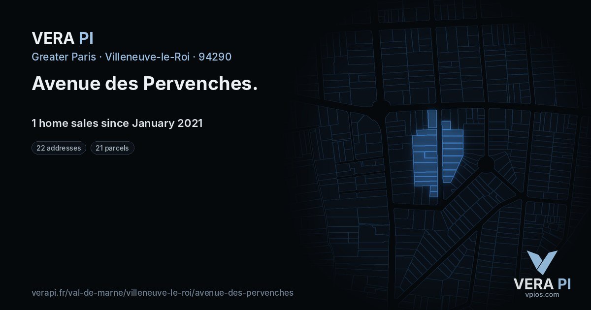 Avenue des Pervenches, Villeneuve-le-Roi at night – every parcel coloured by the prices around it, the street's own parcels lit