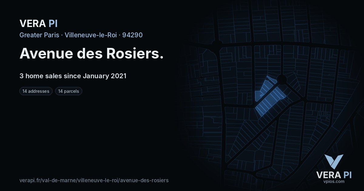 Avenue des Rosiers, Villeneuve-le-Roi at night – every parcel coloured by the prices around it, the street's own parcels lit