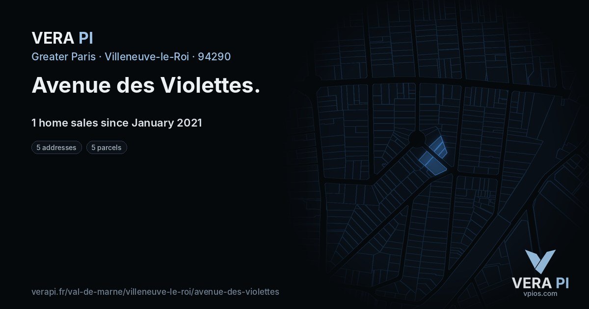 Avenue des Violettes, Villeneuve-le-Roi at night – every parcel coloured by the prices around it, the street's own parcels lit