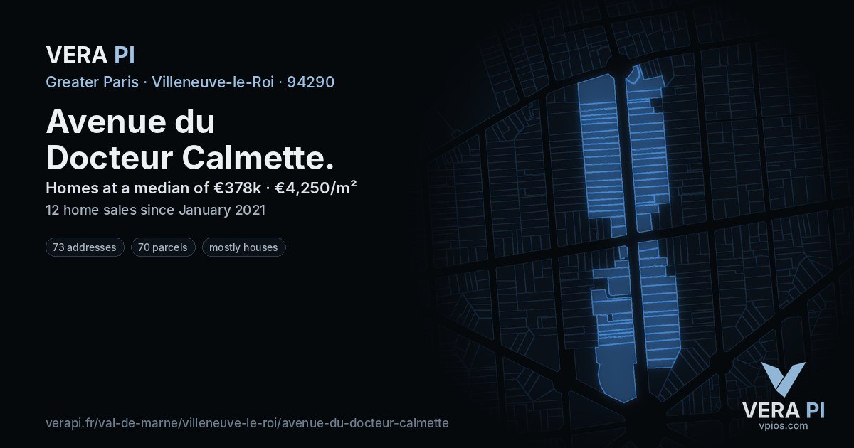 Avenue du Docteur Calmette, Villeneuve-le-Roi at night – every parcel coloured by the prices around it, the street's own parcels lit