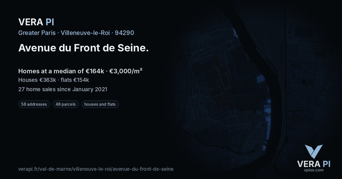 Avenue du Front de Seine, Villeneuve-le-Roi at night – every parcel coloured by the prices around it, the street's own parcels lit