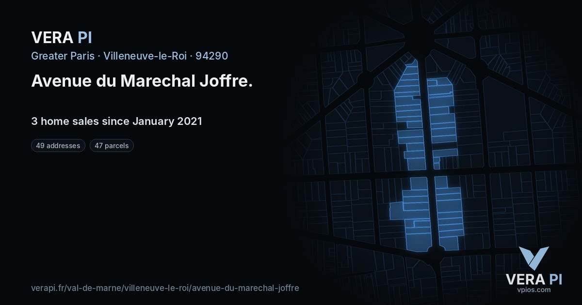 Avenue du Marechal Joffre, Villeneuve-le-Roi at night – every parcel coloured by the prices around it, the street's own parcels lit