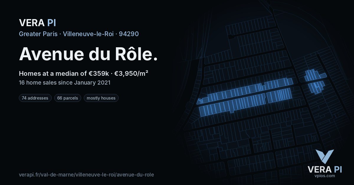 Avenue du Rôle, Villeneuve-le-Roi at night – every parcel coloured by the prices around it, the street's own parcels lit