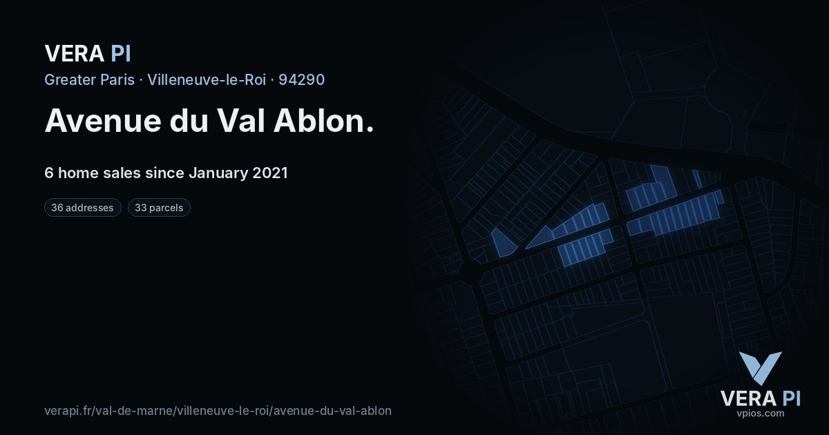 Avenue du Val Ablon, Villeneuve-le-Roi at night – every parcel coloured by the prices around it, the street's own parcels lit
