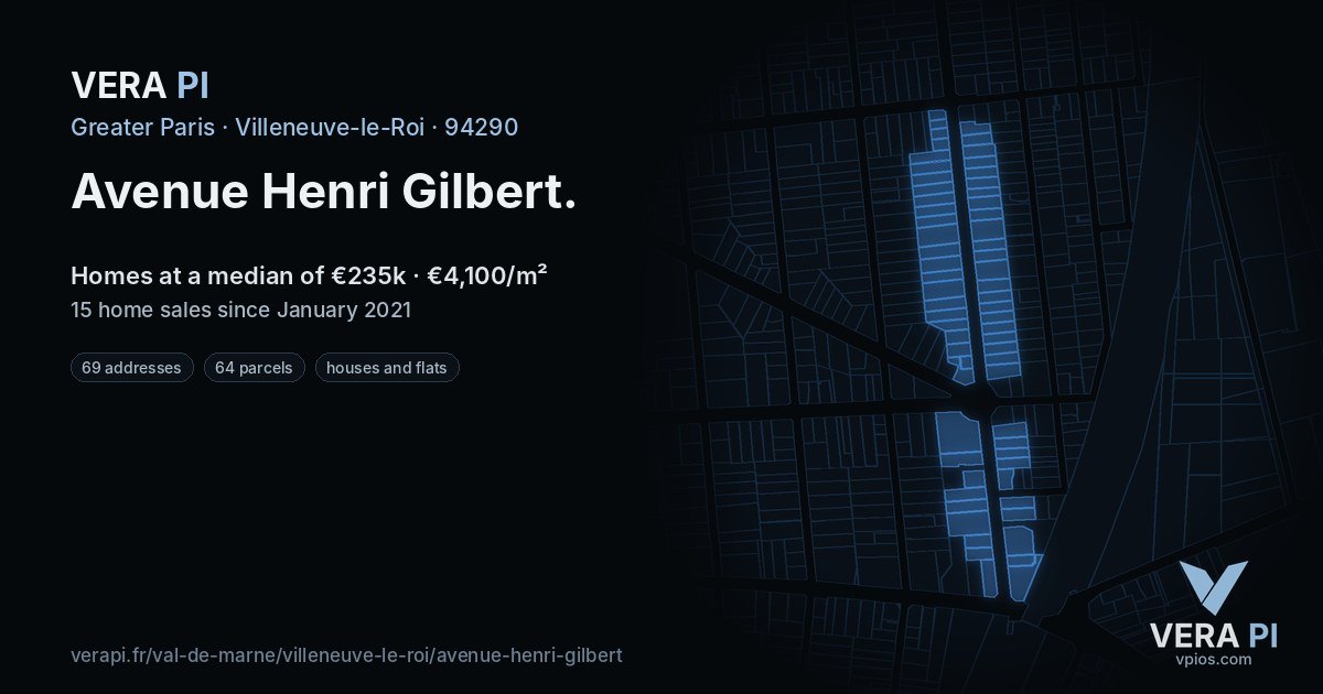 Avenue Henri Gilbert, Villeneuve-le-Roi at night – every parcel coloured by the prices around it, the street's own parcels lit