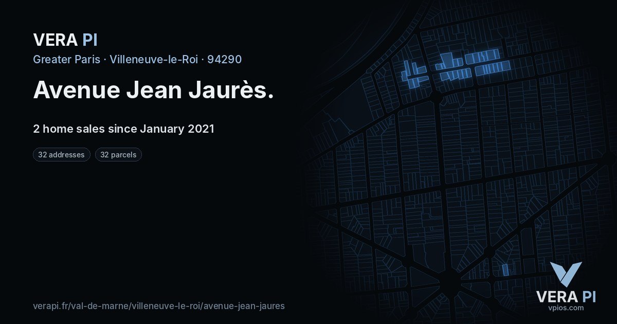 Avenue Jean Jaurès, Villeneuve-le-Roi at night – every parcel coloured by the prices around it, the street's own parcels lit