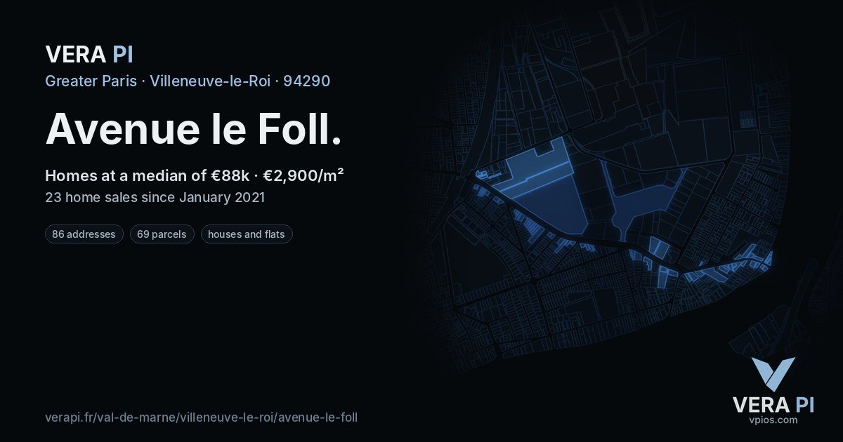 Avenue le Foll, Villeneuve-le-Roi at night – every parcel coloured by the prices around it, the street's own parcels lit