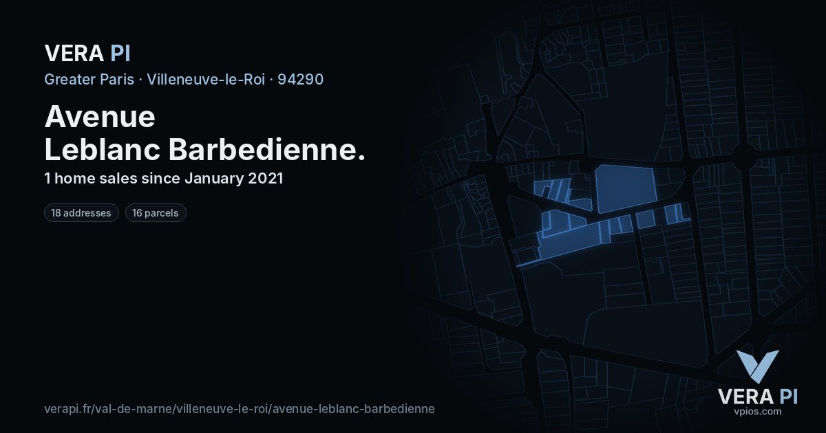 Avenue Leblanc Barbedienne, Villeneuve-le-Roi at night – every parcel coloured by the prices around it, the street's own parcels lit