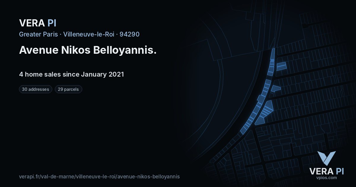 Avenue Nikos Belloyannis, Villeneuve-le-Roi at night – every parcel coloured by the prices around it, the street's own parcels lit