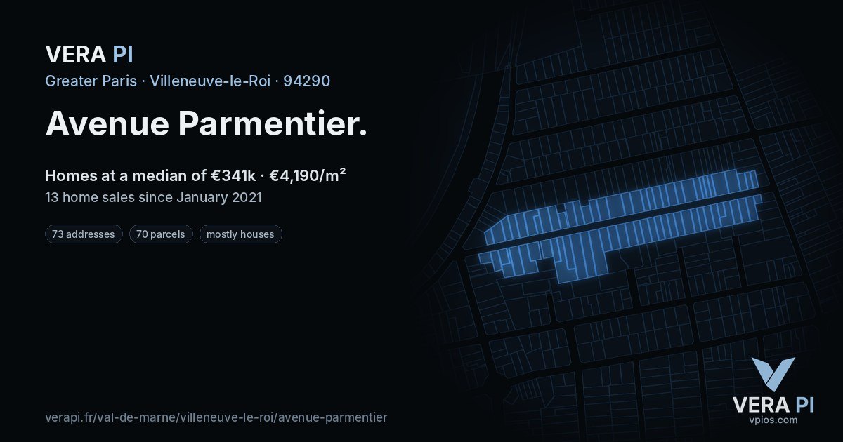 Avenue Parmentier, Villeneuve-le-Roi at night – every parcel coloured by the prices around it, the street's own parcels lit