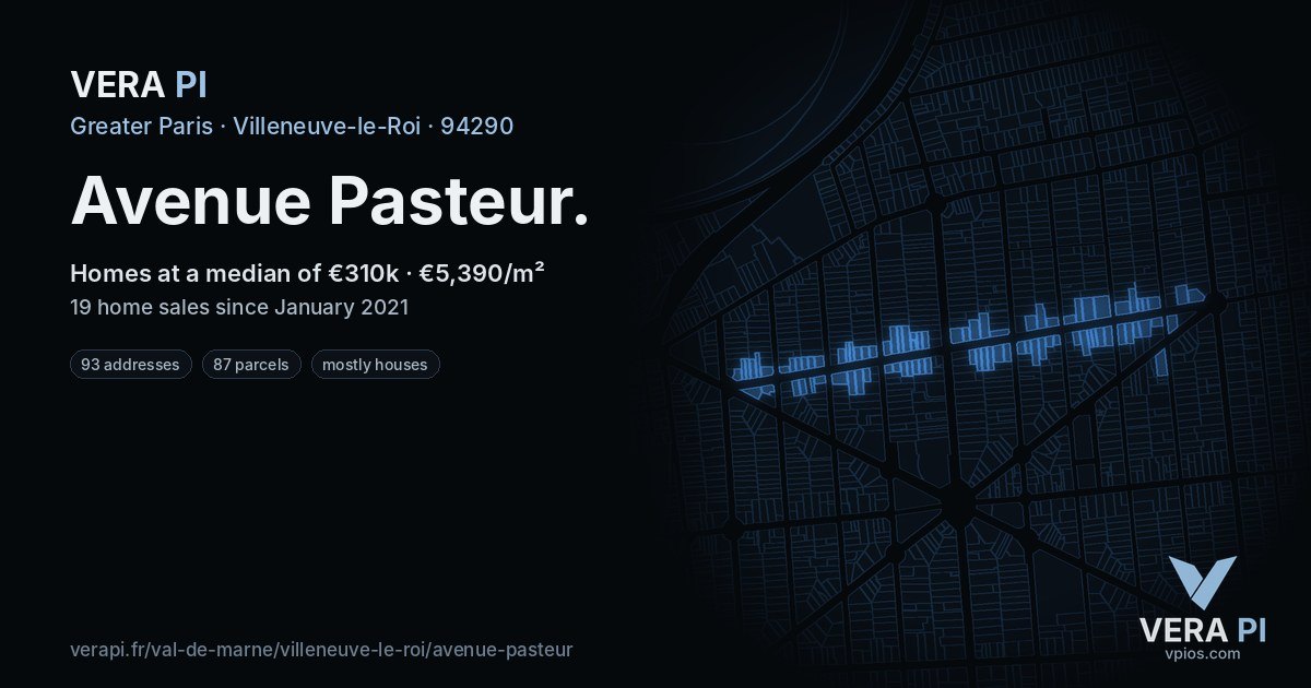 Avenue Pasteur, Villeneuve-le-Roi at night – every parcel coloured by the prices around it, the street's own parcels lit