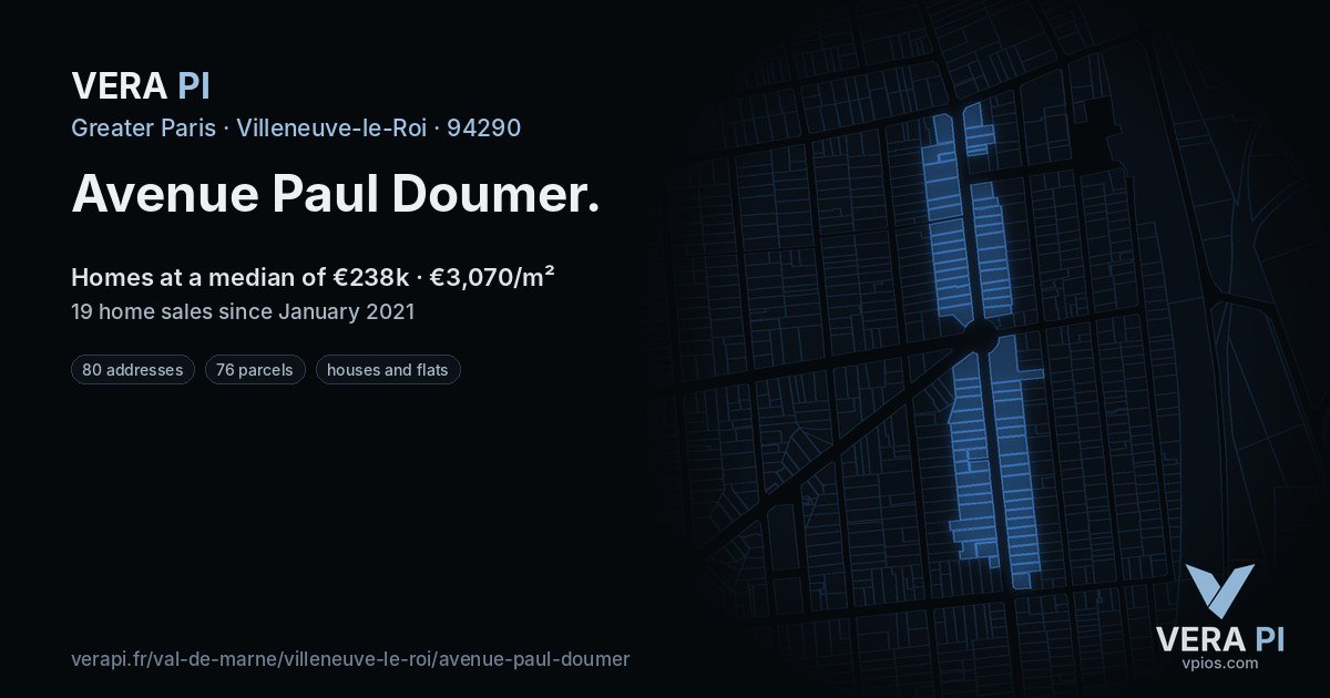 Avenue Paul Doumer, Villeneuve-le-Roi at night – every parcel coloured by the prices around it, the street's own parcels lit