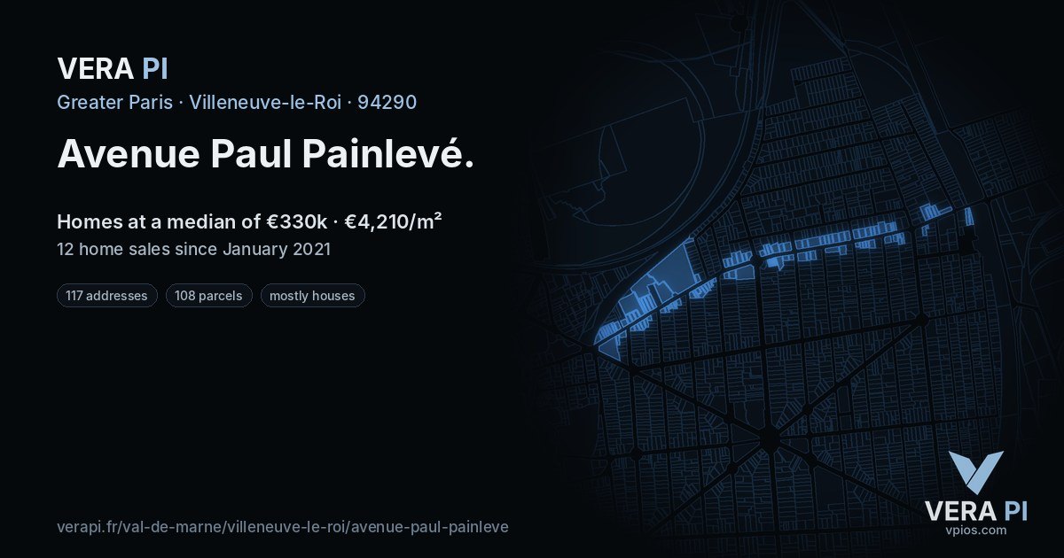 Avenue Paul Painlevé, Villeneuve-le-Roi at night – every parcel coloured by the prices around it, the street's own parcels lit