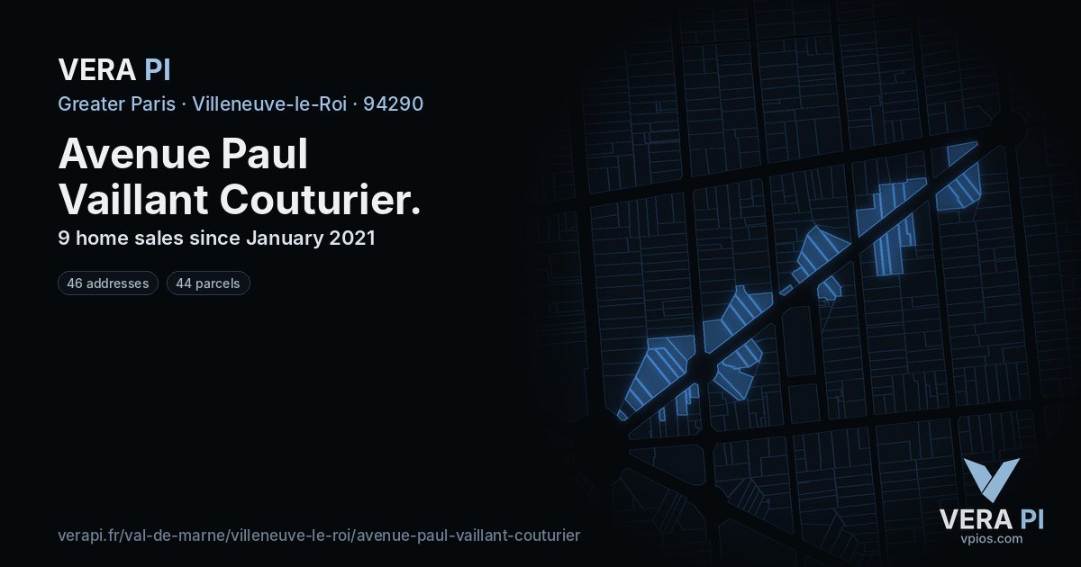 Avenue Paul Vaillant Couturier, Villeneuve-le-Roi at night – every parcel coloured by the prices around it, the street's own parcels lit