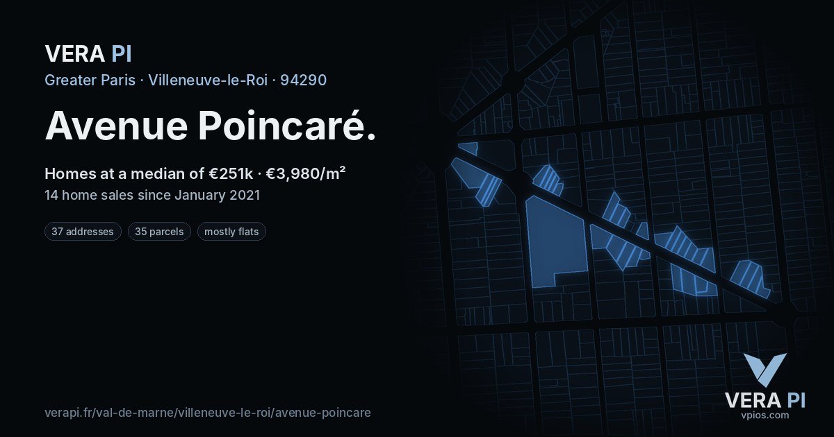 Avenue Poincaré, Villeneuve-le-Roi at night – every parcel coloured by the prices around it, the street's own parcels lit