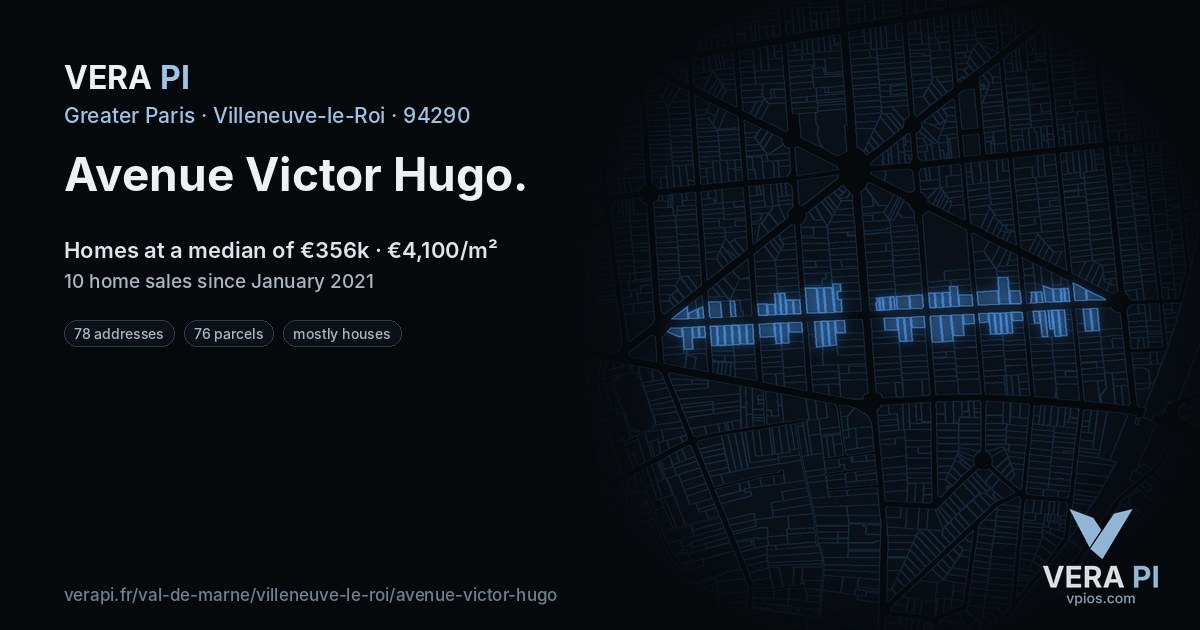 Avenue Victor Hugo, Villeneuve-le-Roi at night – every parcel coloured by the prices around it, the street's own parcels lit