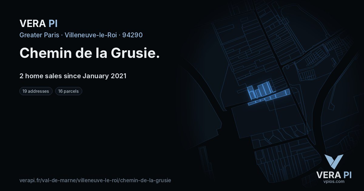 Chemin de la Grusie, Villeneuve-le-Roi at night – every parcel coloured by the prices around it, the street's own parcels lit