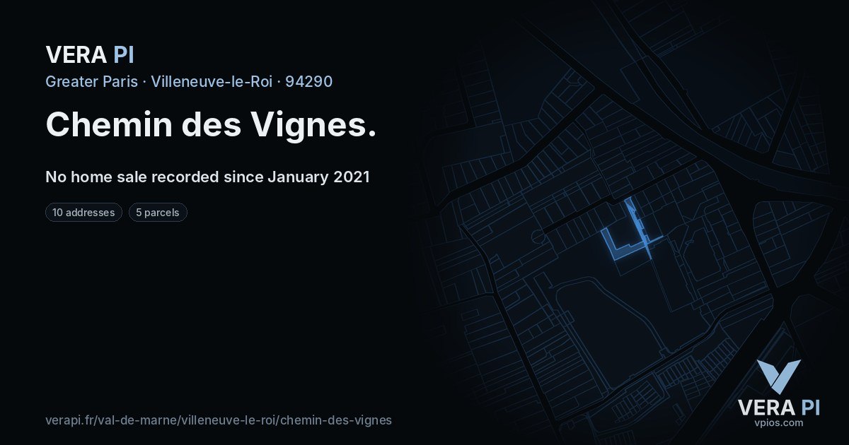 Chemin des Vignes, Villeneuve-le-Roi at night – every parcel coloured by the prices around it, the street's own parcels lit