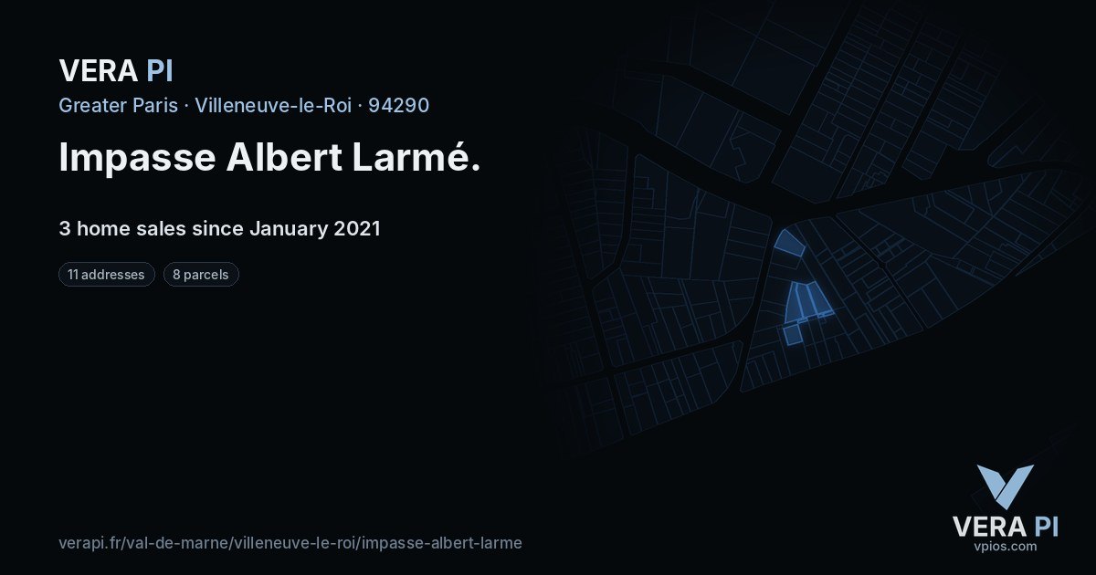 Impasse Albert Larmé, Villeneuve-le-Roi at night – every parcel coloured by the prices around it, the street's own parcels lit