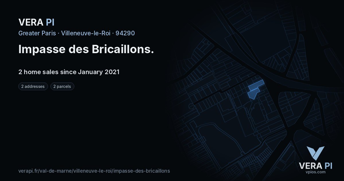 Impasse des Bricaillons, Villeneuve-le-Roi at night – every parcel coloured by the prices around it, the street's own parcels lit