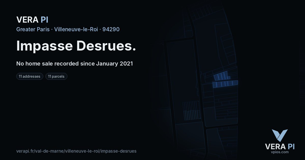 Impasse Desrues, Villeneuve-le-Roi at night – every parcel coloured by the prices around it, the street's own parcels lit