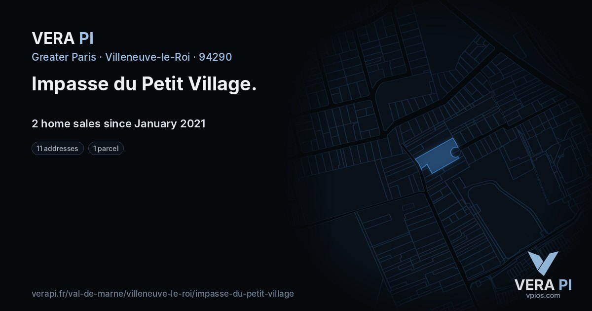 Impasse du Petit Village, Villeneuve-le-Roi at night – every parcel coloured by the prices around it, the street's own parcels lit