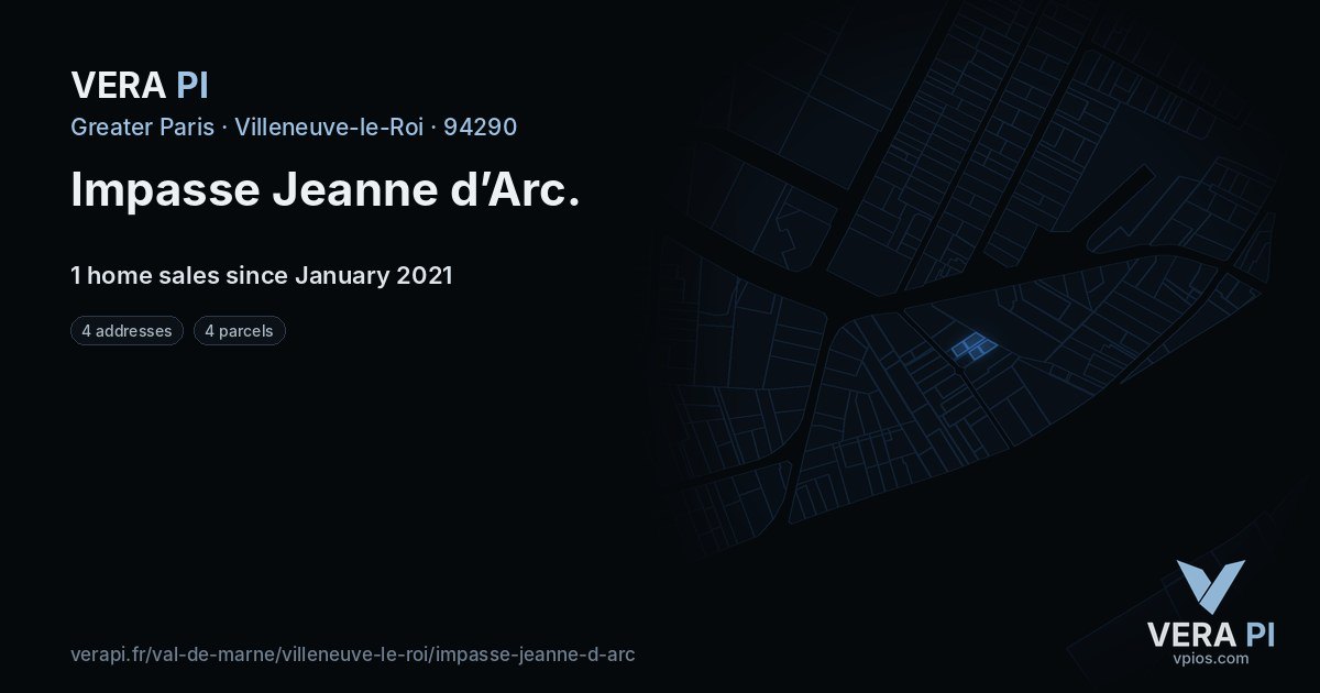 Impasse Jeanne d’Arc, Villeneuve-le-Roi at night – every parcel coloured by the prices around it, the street's own parcels lit