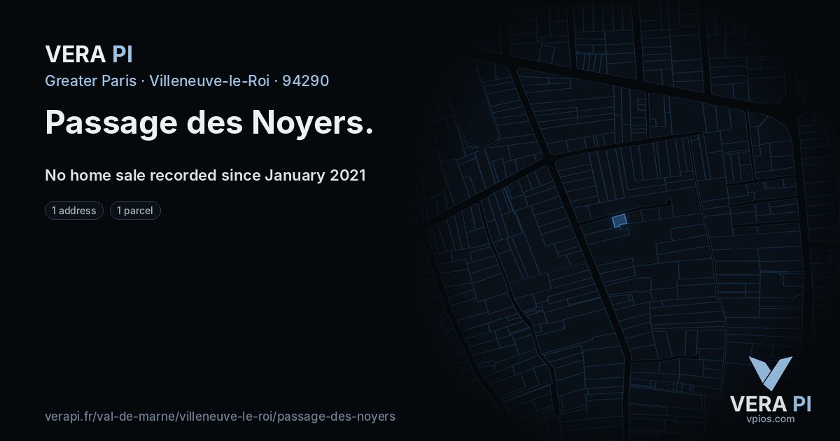 Passage des Noyers, Villeneuve-le-Roi at night – every parcel coloured by the prices around it, the street's own parcels lit