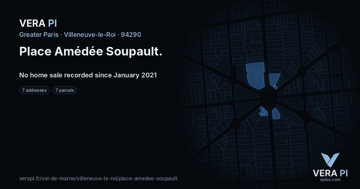 Place Amédée Soupault, Villeneuve-le-Roi at night – every parcel coloured by the prices around it, the street's own parcels lit