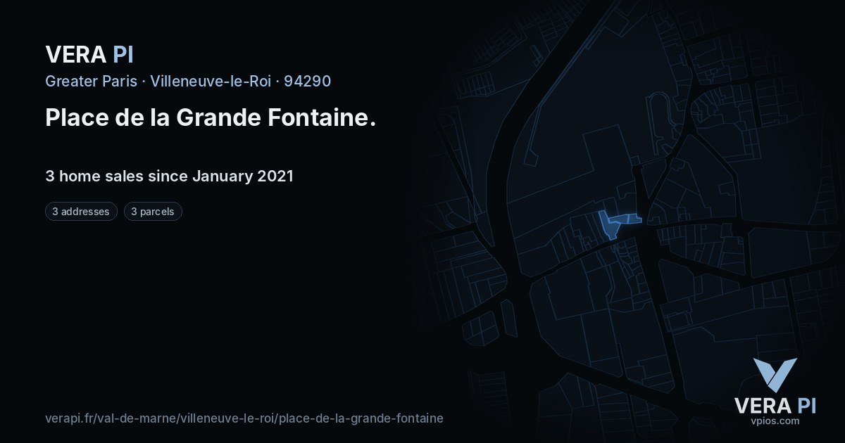 Place de la Grande Fontaine, Villeneuve-le-Roi at night – every parcel coloured by the prices around it, the street's own parcels lit