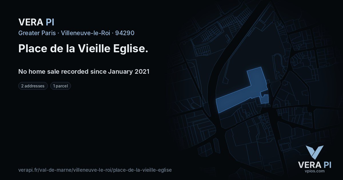 Place de la Vieille Eglise, Villeneuve-le-Roi at night – every parcel coloured by the prices around it, the street's own parcels lit