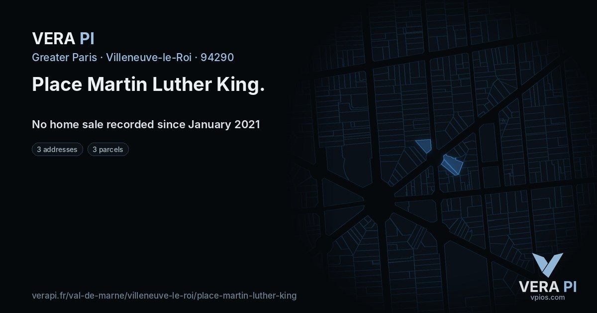 Place Martin Luther King, Villeneuve-le-Roi at night – every parcel coloured by the prices around it, the street's own parcels lit