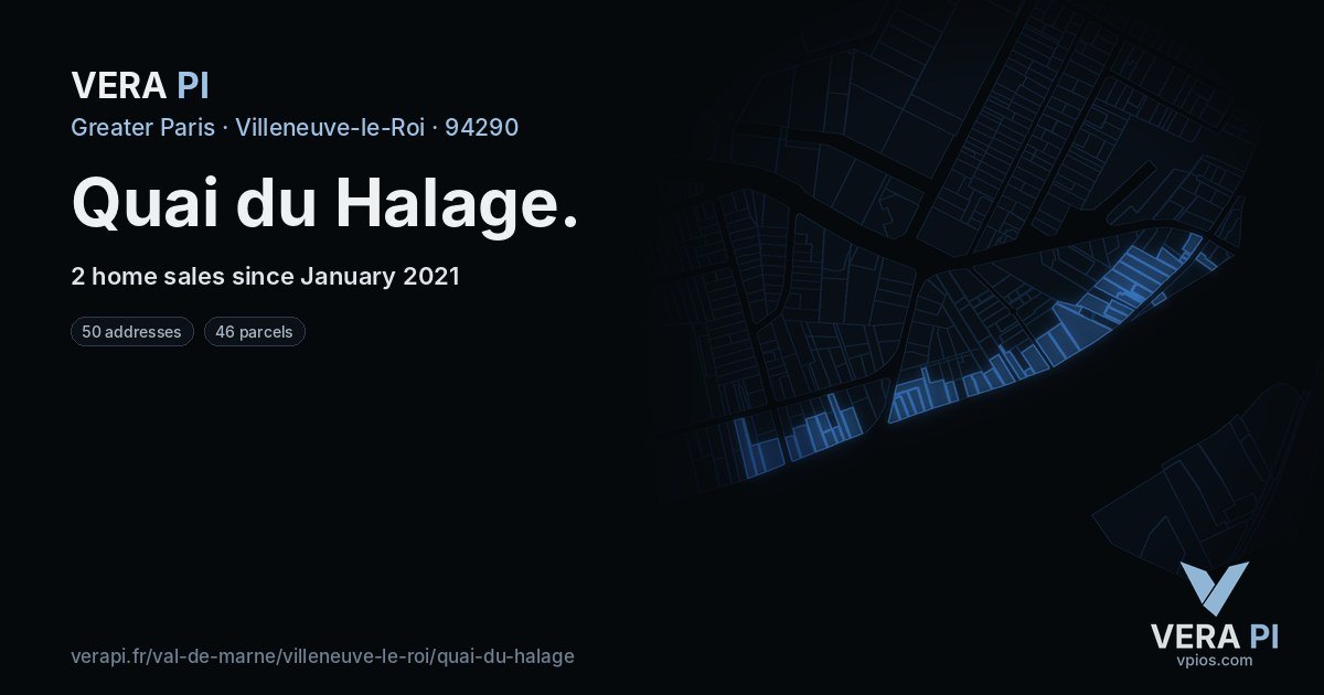 Quai du Halage, Villeneuve-le-Roi at night – every parcel coloured by the prices around it, the street's own parcels lit