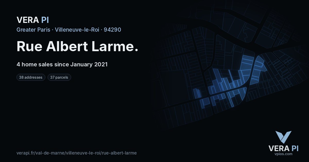 Rue Albert Larme, Villeneuve-le-Roi at night – every parcel coloured by the prices around it, the street's own parcels lit