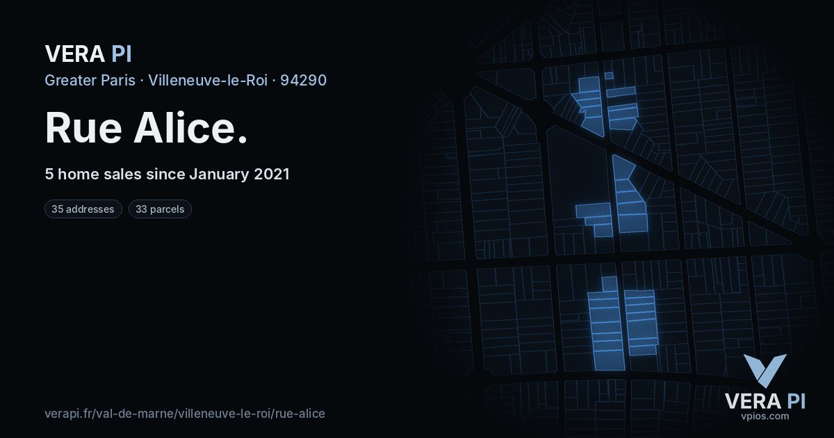 Rue Alice, Villeneuve-le-Roi at night – every parcel coloured by the prices around it, the street's own parcels lit