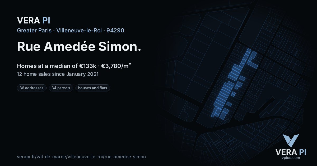 Rue Amedée Simon, Villeneuve-le-Roi at night – every parcel coloured by the prices around it, the street's own parcels lit