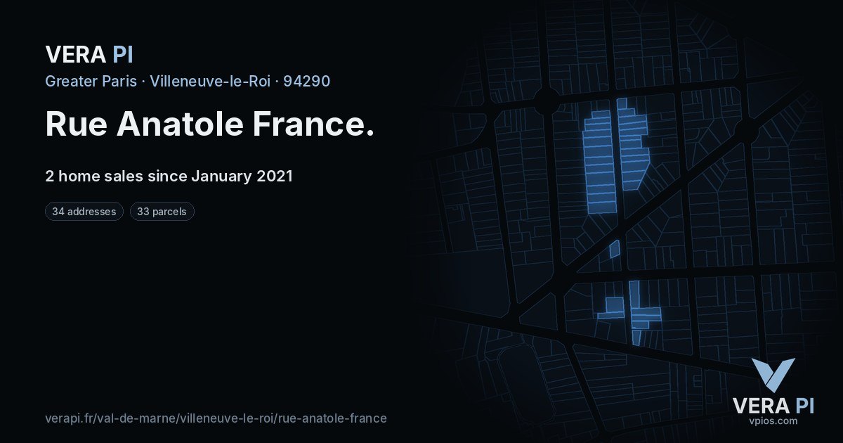 Rue Anatole France, Villeneuve-le-Roi at night – every parcel coloured by the prices around it, the street's own parcels lit