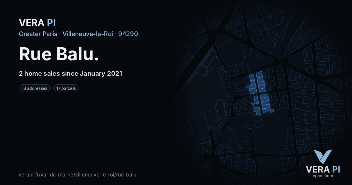 Rue Balu, Villeneuve-le-Roi at night – every parcel coloured by the prices around it, the street's own parcels lit