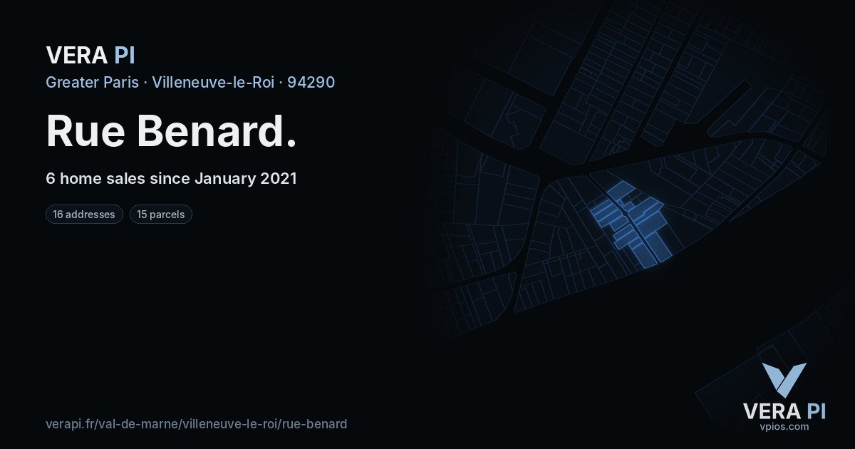 Rue Benard, Villeneuve-le-Roi at night – every parcel coloured by the prices around it, the street's own parcels lit