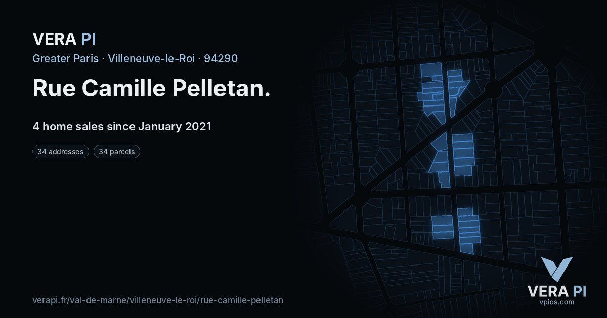 Rue Camille Pelletan, Villeneuve-le-Roi at night – every parcel coloured by the prices around it, the street's own parcels lit