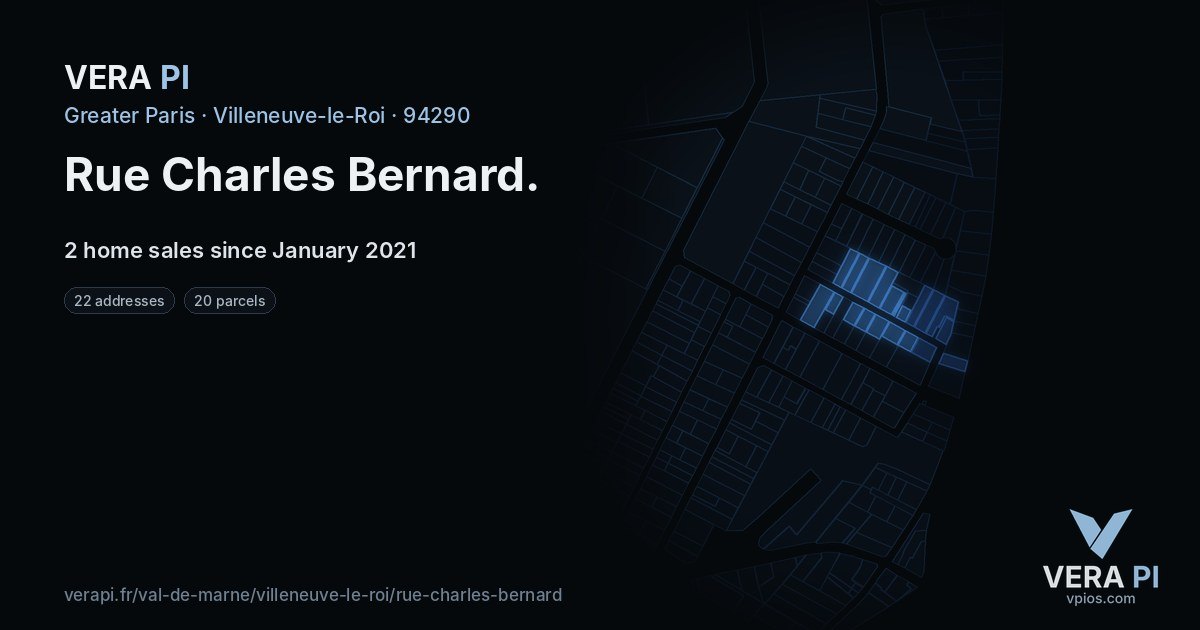 Rue Charles Bernard, Villeneuve-le-Roi at night – every parcel coloured by the prices around it, the street's own parcels lit