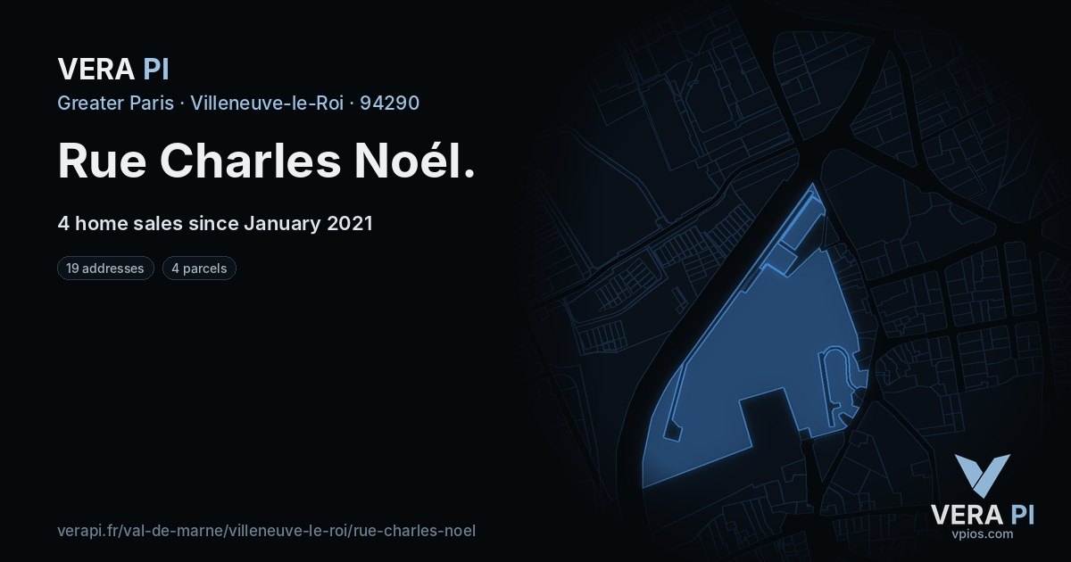 Rue Charles Noél, Villeneuve-le-Roi at night – every parcel coloured by the prices around it, the street's own parcels lit