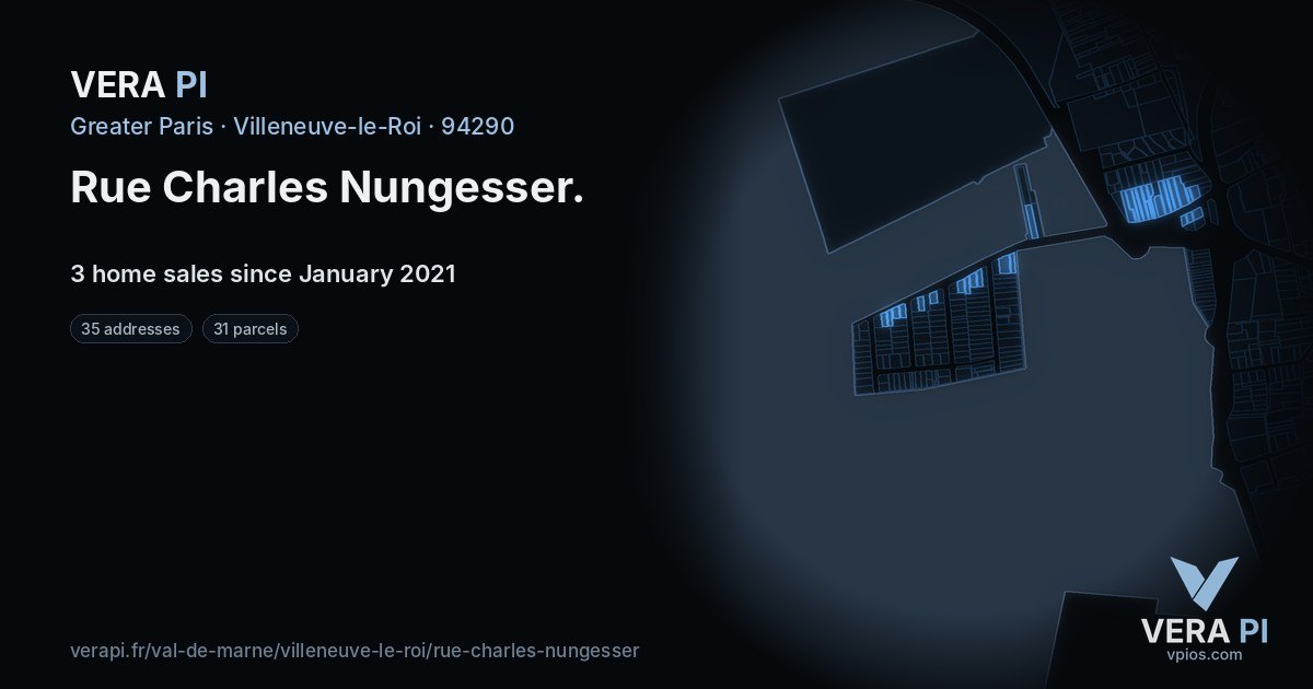 Rue Charles Nungesser, Villeneuve-le-Roi at night – every parcel coloured by the prices around it, the street's own parcels lit