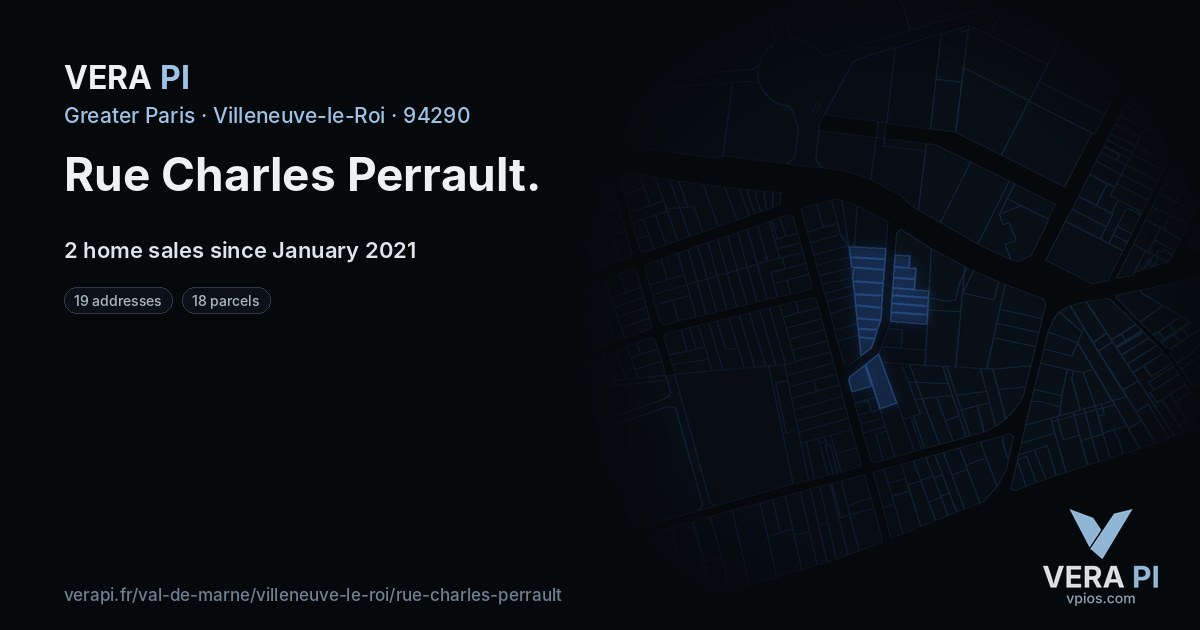 Rue Charles Perrault, Villeneuve-le-Roi at night – every parcel coloured by the prices around it, the street's own parcels lit