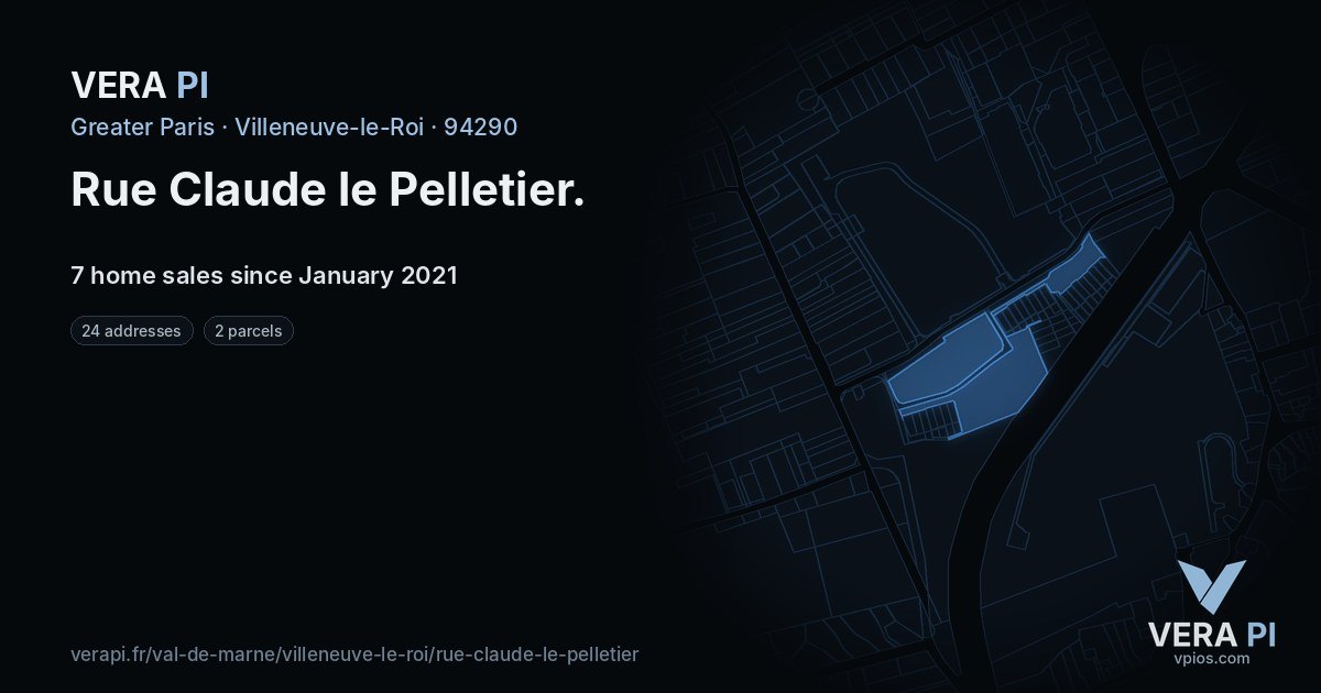 Rue Claude le Pelletier, Villeneuve-le-Roi at night – every parcel coloured by the prices around it, the street's own parcels lit