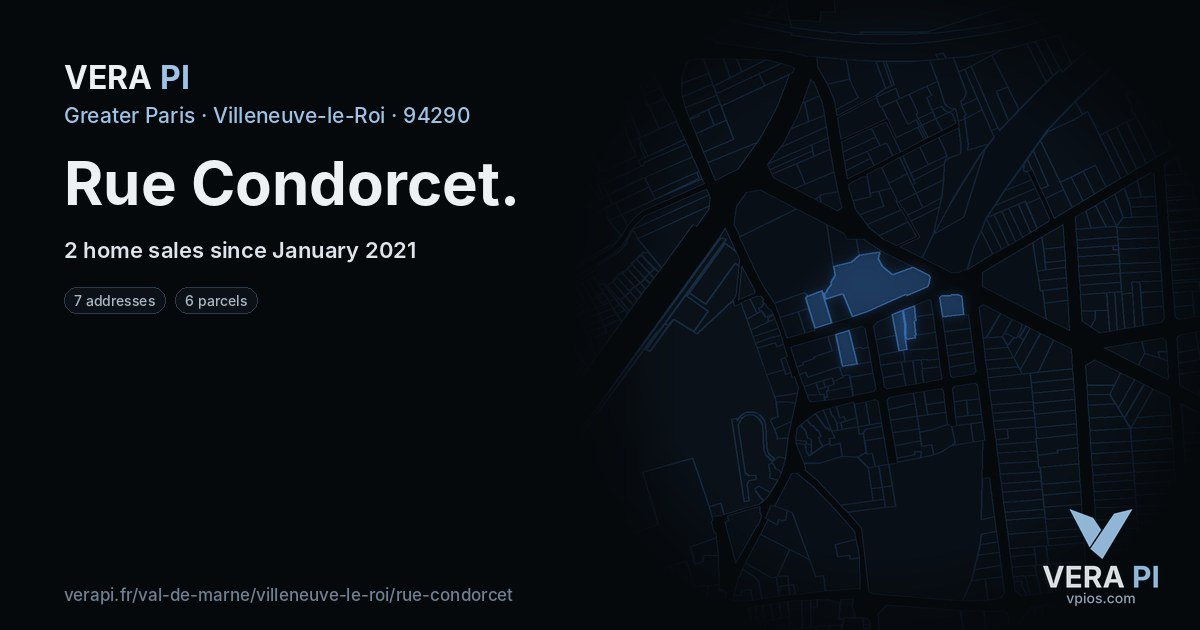 Rue Condorcet, Villeneuve-le-Roi at night – every parcel coloured by the prices around it, the street's own parcels lit
